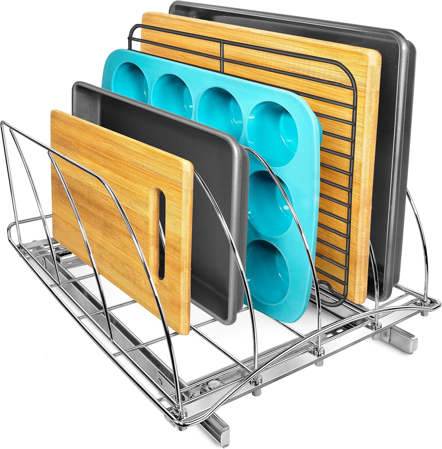 Kitchen Baking Sheet Organizer - Pull Out Cutting Board, Baking Pan,