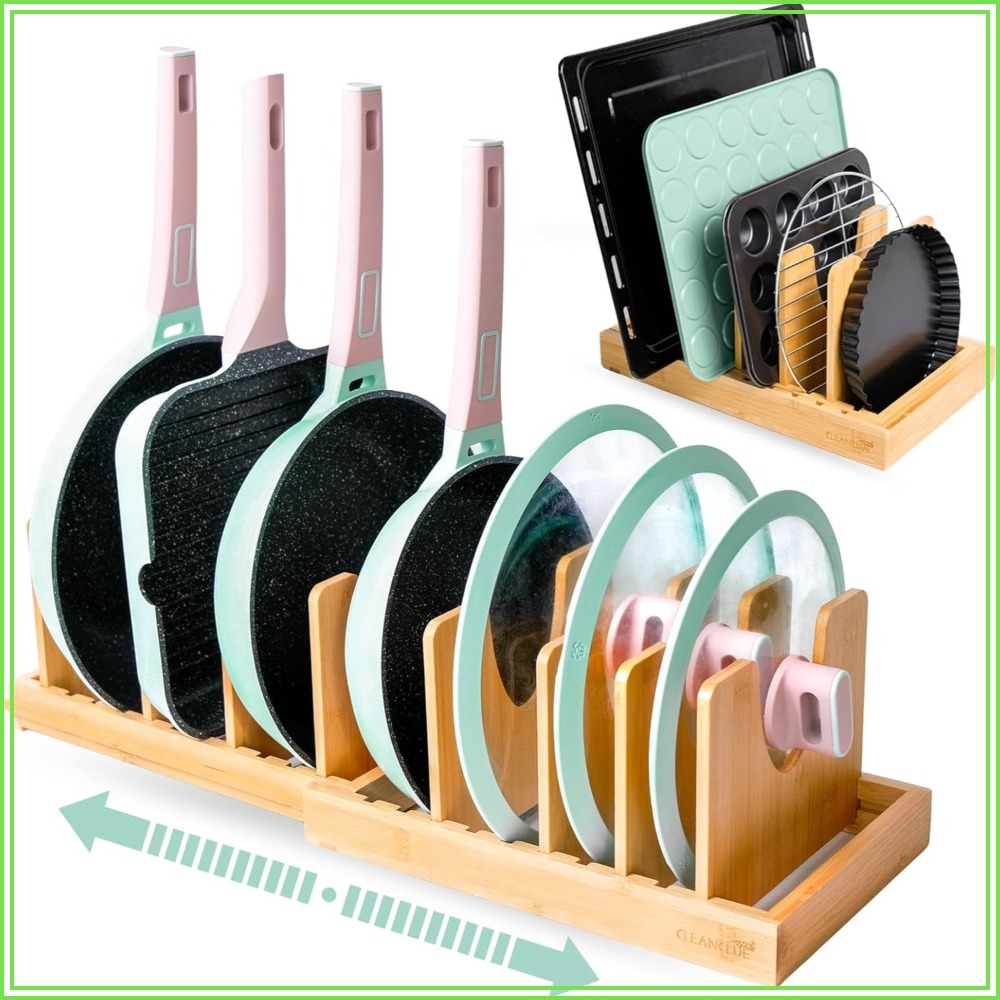 Kitchen Baking Sheet Organizer - Expandable Bamboo Pots and Pans Organizer